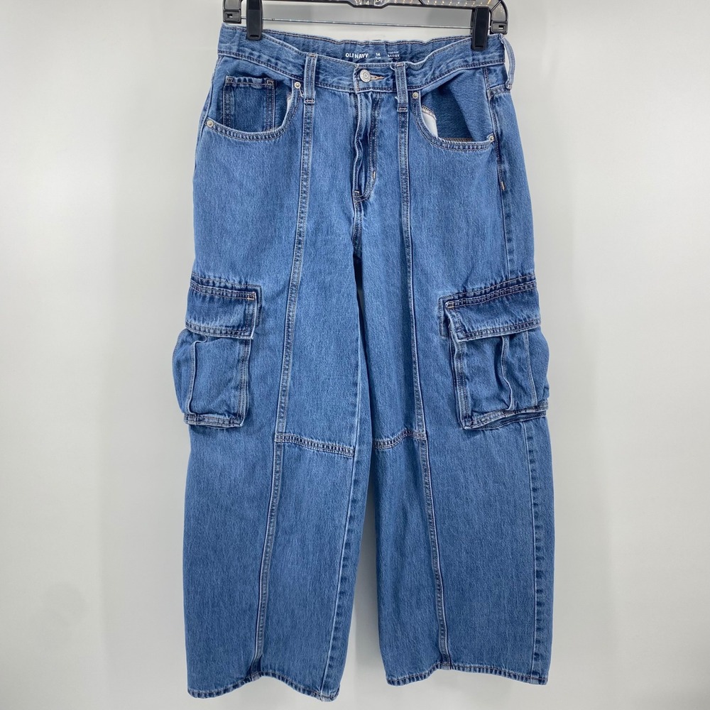 Old Navy Cargo Jeans Womens 14 Plus Blue High Rise Baggy Wide Leg Utility Y2K